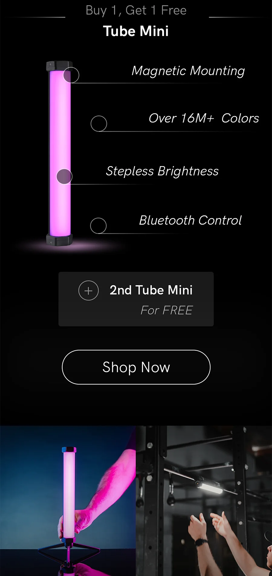 Tube Mini features: magnetic mount, RGB colors, stepless brightness, and Bluetooth control.