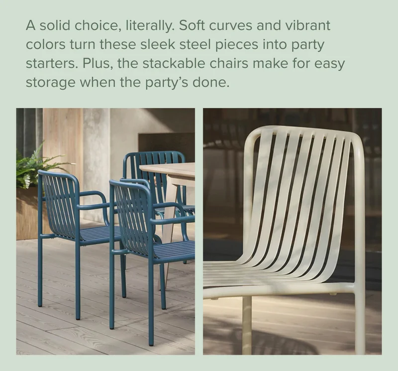 A solid choice, literally. Soft curves and vibrant colors turn these sleek steel pieces into party starters.