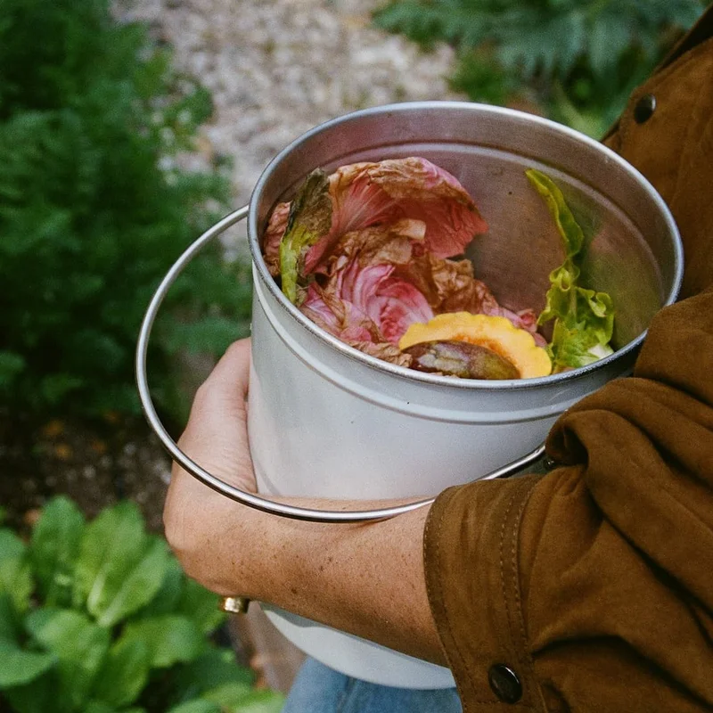 Collage showing a hand holding a white metal compost bin filled with vegetable scraps (left) and a flat lay of west~bourne organic avocado oil next to fresh Romanesco and Swiss chard