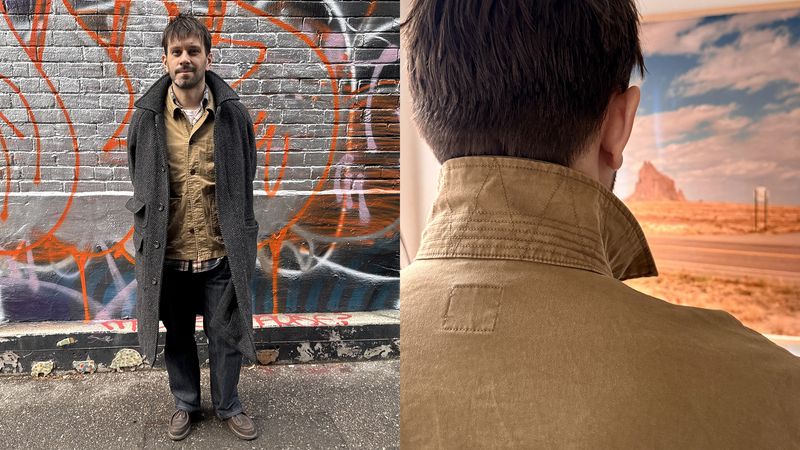 Diptych of Ben Kriz wearing the Flint and Tinder classic chore coat and a detail shot of the back collar of the same coat.