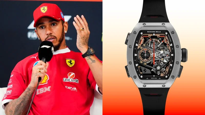 Image may contain: Lewis Hamilton, Electrical Device, Microphone, Wristwatch, Baseball Cap, Cap, Clothing, Hat, and Arm