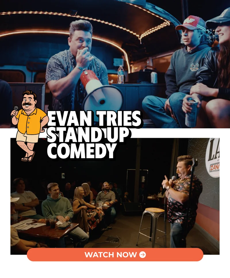 Evan tries stand up comedy and it's a joke. WATCH NOW!