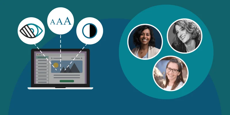 Illustration showing accessibility within an email with headshots of Sarah Gallardo, Lauren Castady, and Jaina Mistry