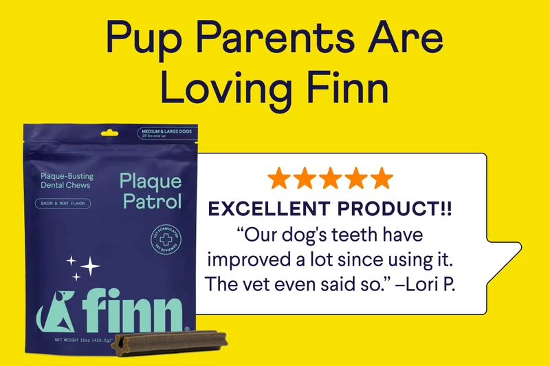 Text: Pup Parents Are Loving Finn! 5 Star Plaque Patrol Dental Chews Review: "EXCELLENT PRODUCT!! “Our dog's teeth have improved a lot since using it. The vet even said so.” –Lori P.