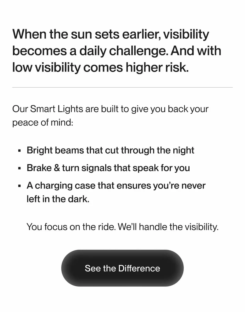 Smart Lights benefits: bright beams, brake and turn signals, and charging case for peace of mind during night rides.