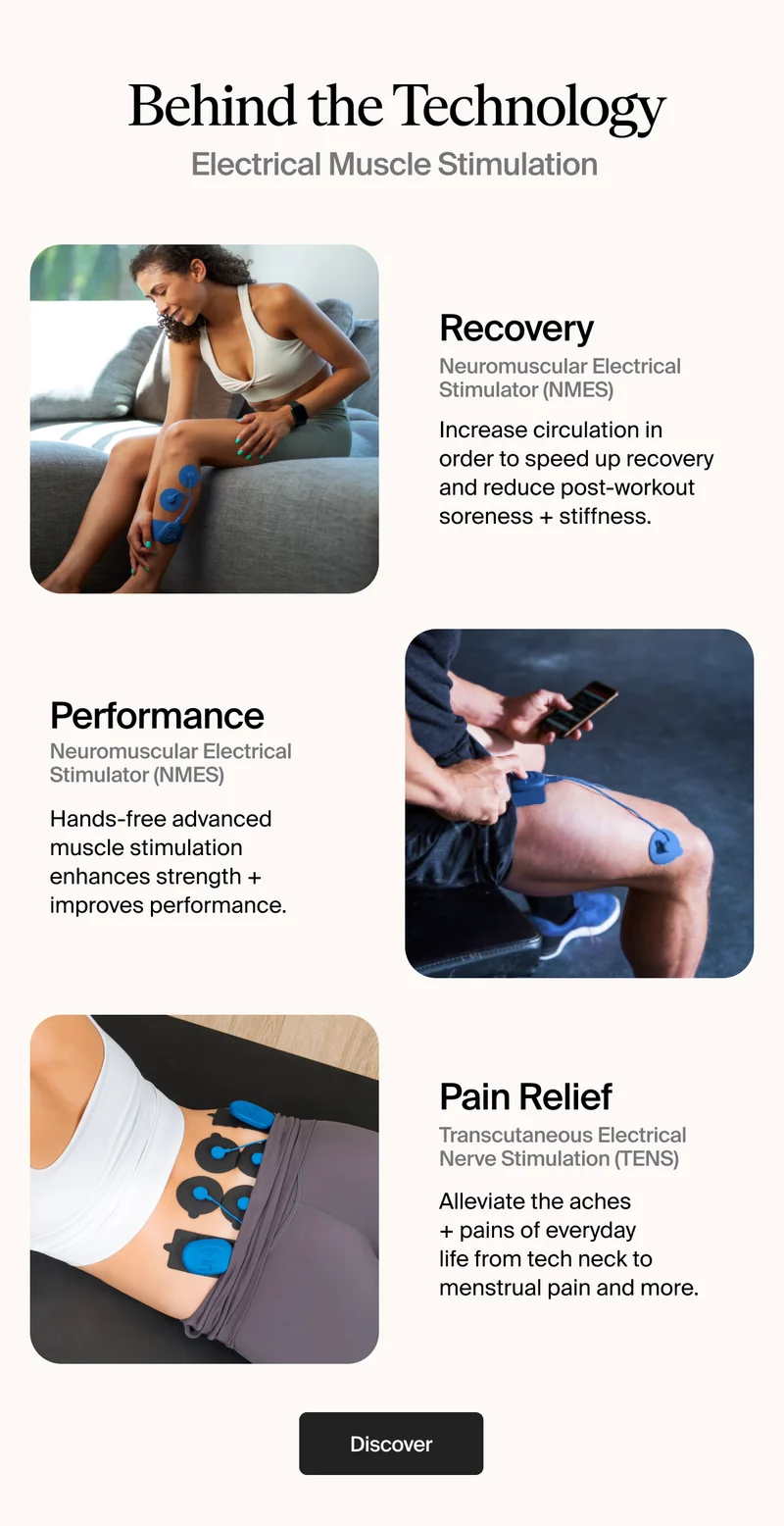 Behind the Technology | Electrical Muscle Stimulation | Recovery | Neuromuscular Electrical  Stimulator (NMES) | Increase circulation in  order to speed up recovery and reduce post-workout soreness + stiffness. | Performance | Neuromuscular Electrical  Stimulator (NMES) | Hands-free advanced muscle stimulation enhances strength + improves performance. | Pain Relief | Transcutaneous Electrical Nerve Stimulation (TENS) | Alleviate the aches + pains of everyday  life from tech neck to menstrual pain and more. | Discover