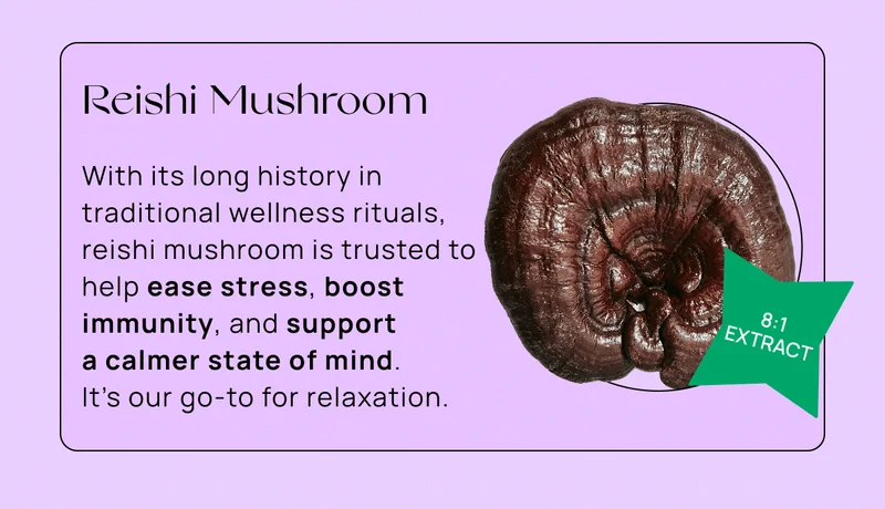 Reishi Mushroom | With its long history in traditional wellness rituals, reishi mushroom is trusted to help ease stress, boost immunity, and support  a calmer state of mind.  It’s our go-to for relaxation.