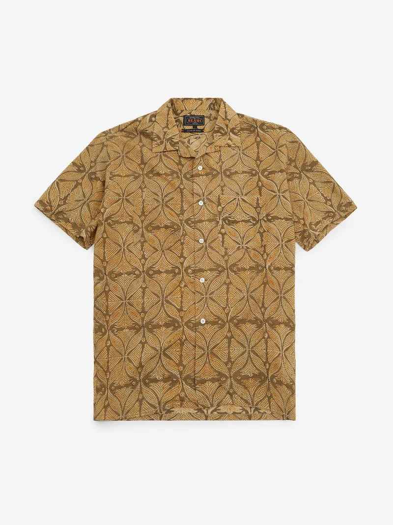 Image of Beams Plus Open Collar Block Print Plant Shirt - Khaki