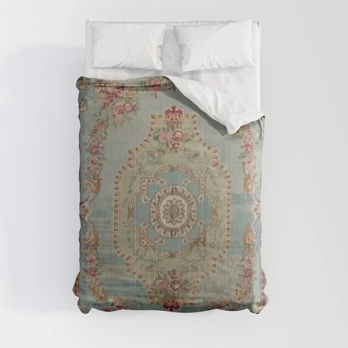 Antique French Rose Blue Aubusson Comforter Comforter