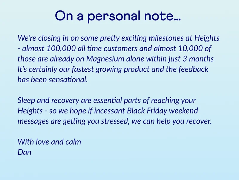 We’re closing in on some pretty exciting milestones at Heights - almost 100,000 all time customers and almost 10,000 of those are already on Magnesium alone within just 3 months It’s certainly our fastest growing product and the feedback has been sensational. Sleep and recovery are essential parts of reaching your Heights - so we hope if incessant Black Friday weekend messages are getting you stressed, we can help you recover. With love and calm Dan