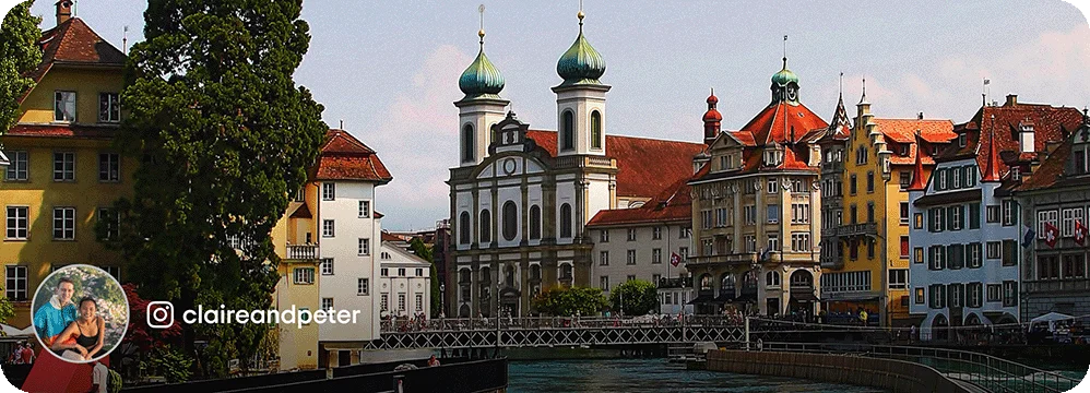 Image Description: A village with colorful buildings along the water by a bridge. A profile photo of two people and the Instagram handle claireandpeter is on the bottom left corner of the image.