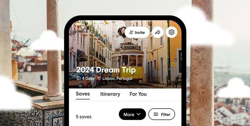 Image Description: A phone with “2024 Dream Trip” on its screen above a four-day Lisbon itinerary. A city is in the background with clouds.