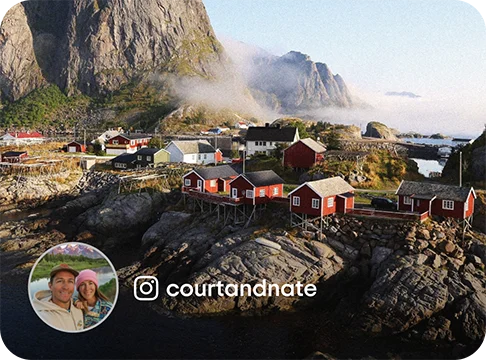 Image Description: Red houses on a mountain. A profile photo of two people and the Instagram handle courtandnate is on the bottom left corner of the image.
