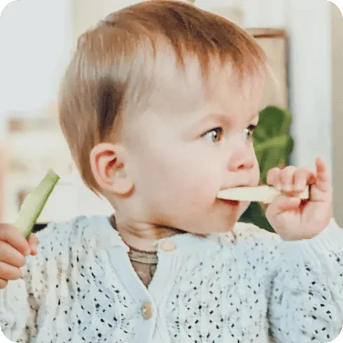 a toddler eating cucumber