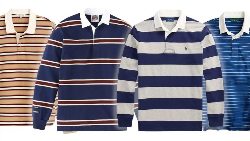 A row of four rugby shirts in a variety of striped patterns. A row of four rugby shirts in a variety of striped patterns.