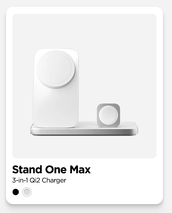 Stand One Max in Silver. 3 in 1 Qi2 Charger
