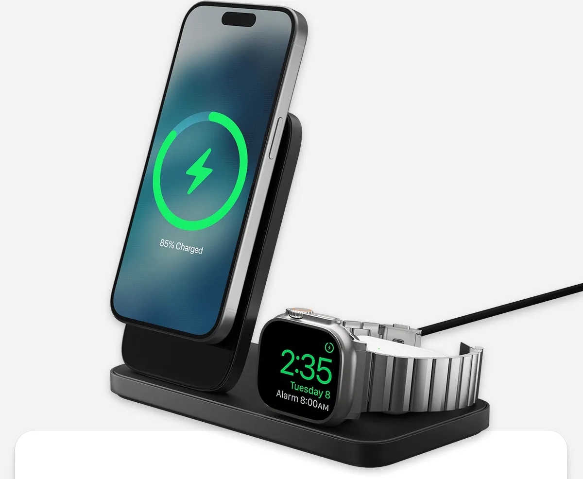 Stand One Max. 3 in 1 wireless charger for iPhone, Apple Watch, and AirPods. Supports Standby Mode