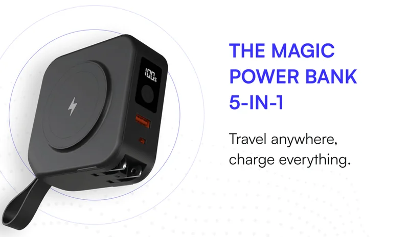 THE MAGIC POWER BANK 5-IN-1: Travel anywhere, charge everything.