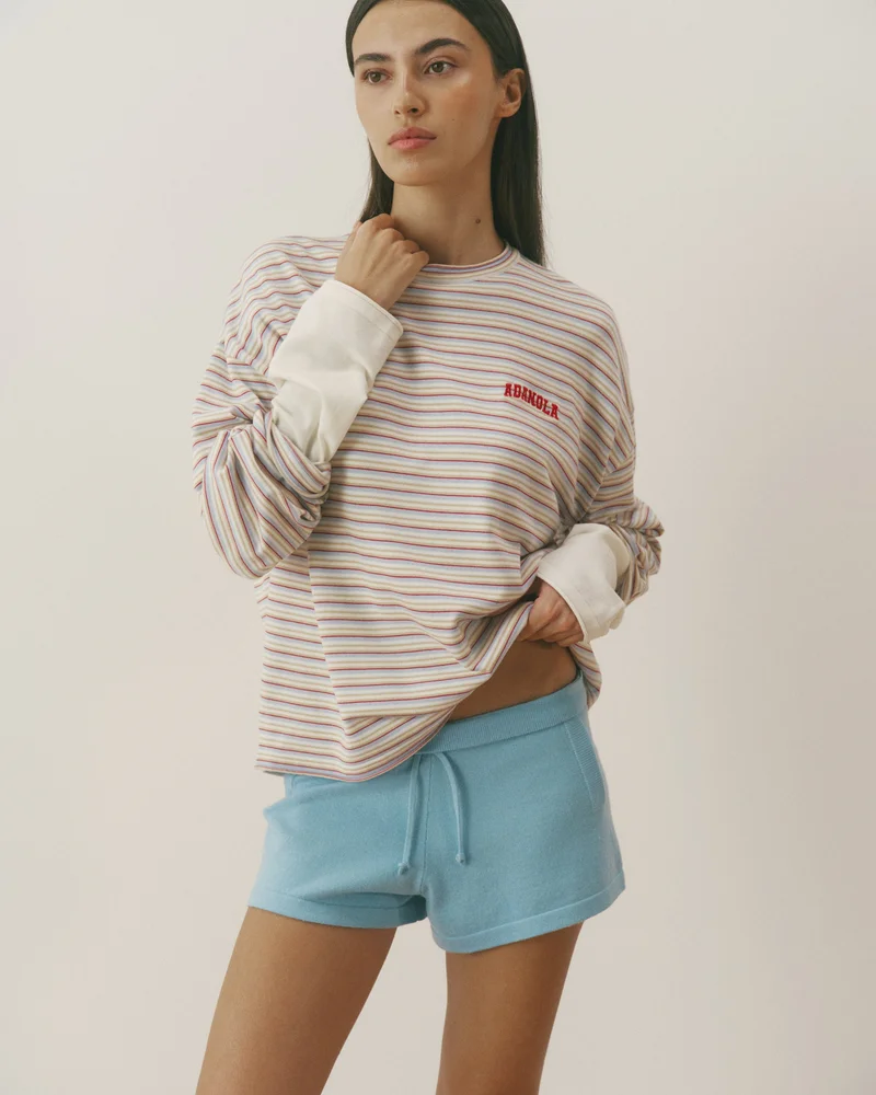 Image of Varsity Knit Roll Hem Stripe Sweatshirt - Marshmallow White