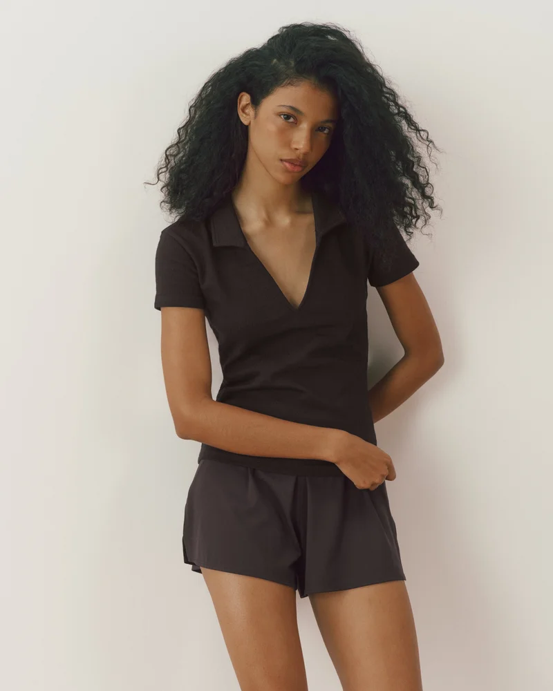 Image of Collared Short Sleeve Top - Coffee Bean