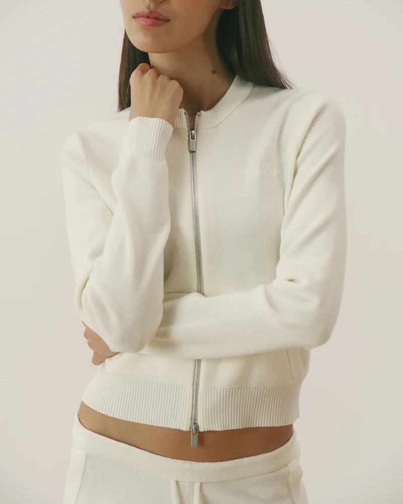 Image of Varsity Knit Zip Through Cardigan - Marshmallow White