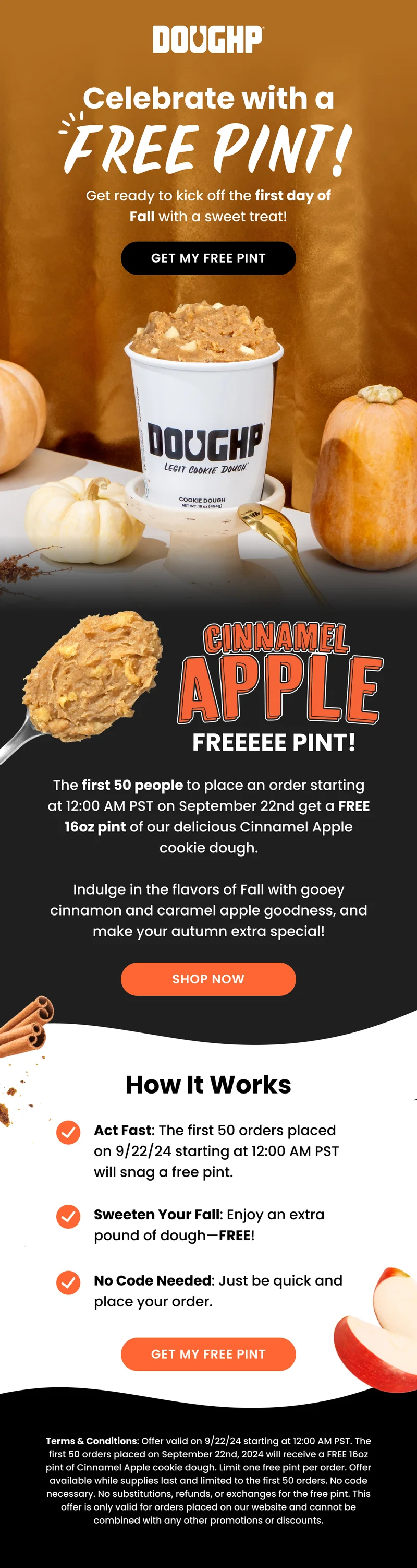 Free pint of Cinnamel Apple Cookie Dough with the first 50 orders placed today.