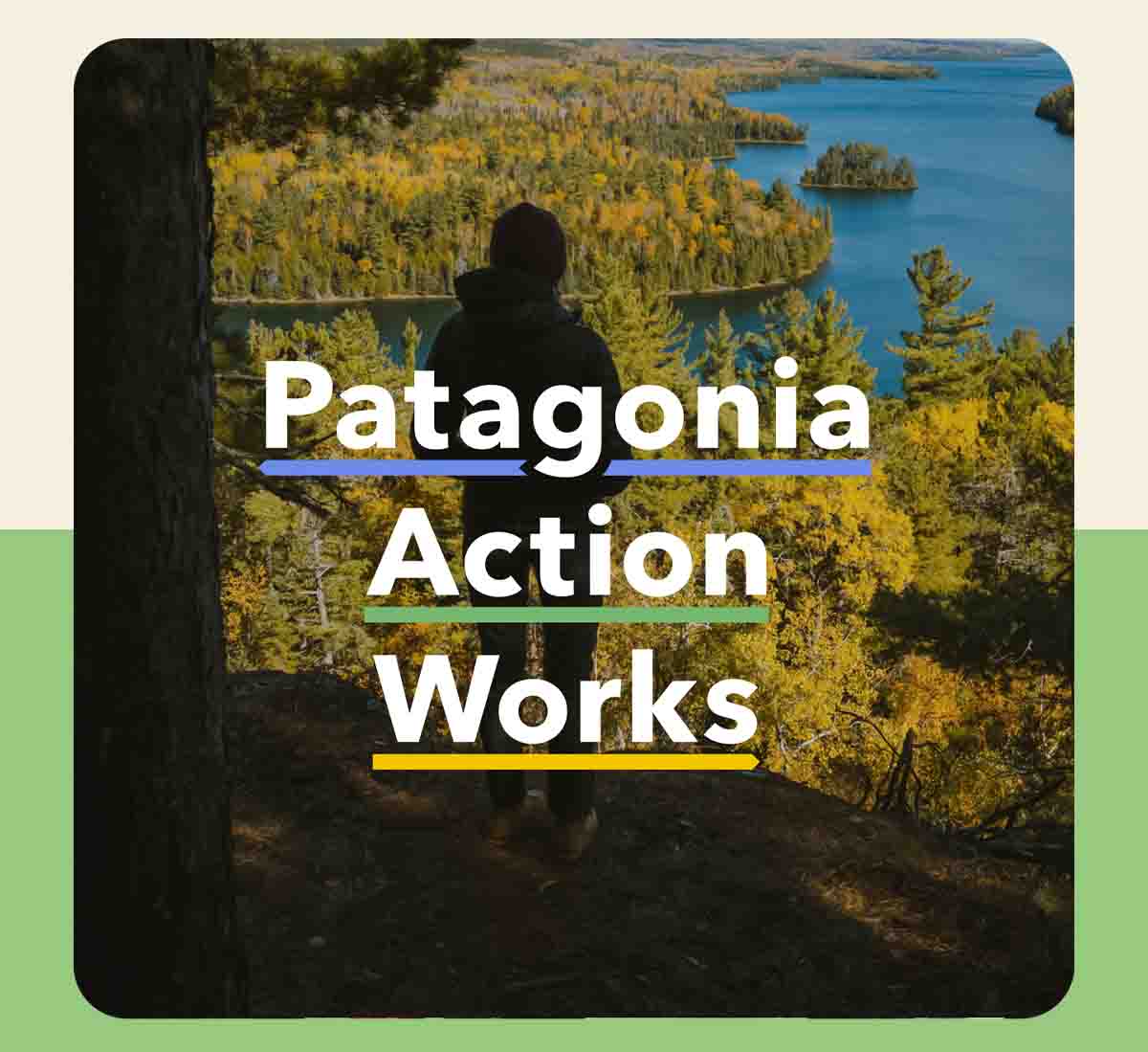 A person looking out from an overlook in the Boundary Waters at a glistening blue lake and a forest turning yellow with fall colors.