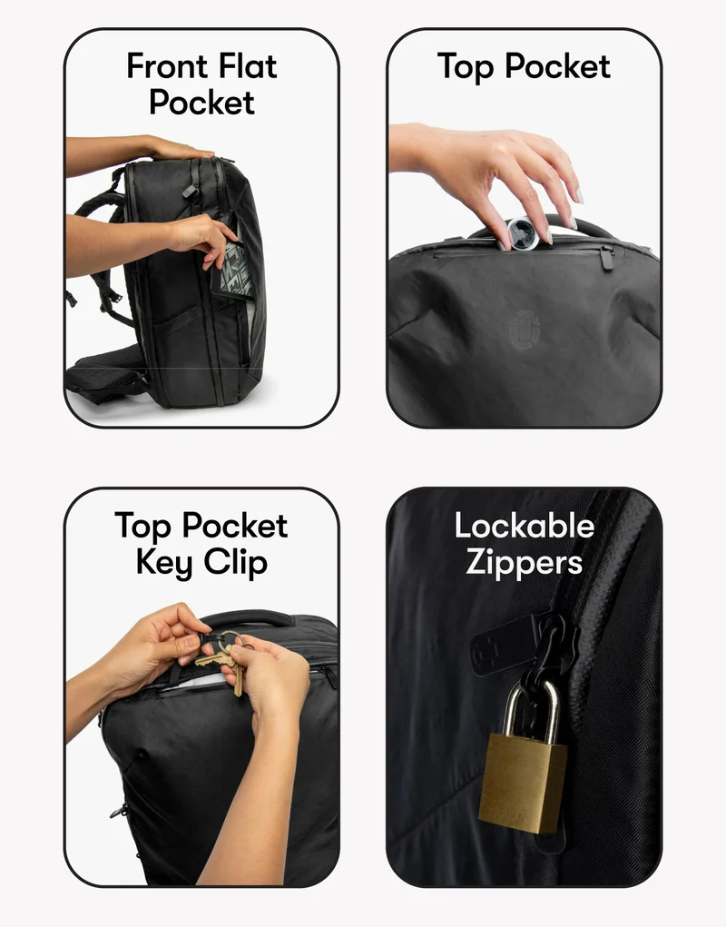 Pockets inside, outside, with lockable zippers.