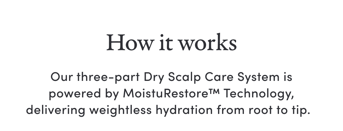 How it works | Our three-part Dry Scalp Care System is powered by MoistuRestore™ Technology, delivering weightless hydration from root to tip.