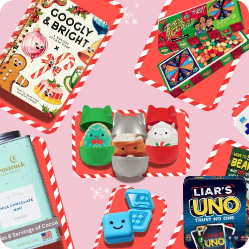 a collage of stocking stuffer ideas, like squishmallows, a sticker book, liar's uno, and pimple patches a collage of stocking stuffer ideas, like squishmallows, a sticker book, liar's uno, and pimple patches