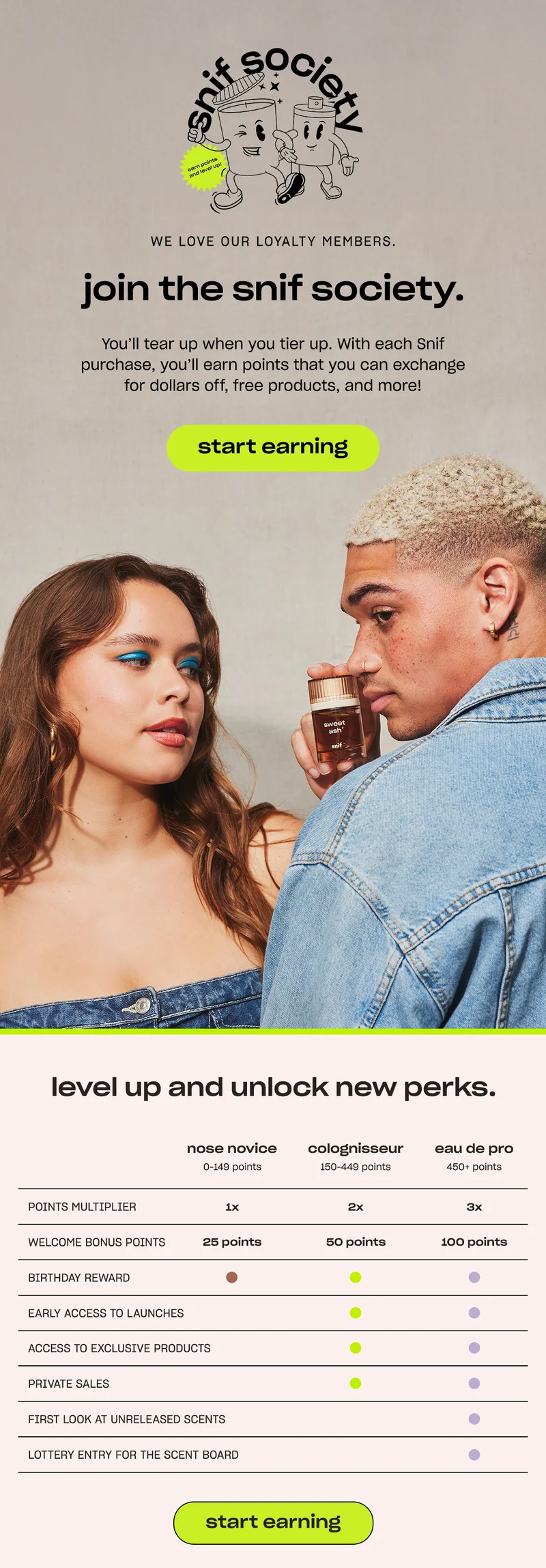 You’ll tear up when you tier up. With each Snif purchase, you’ll earn points that you can exchange for dollars off, free products, and more!   [start earning]