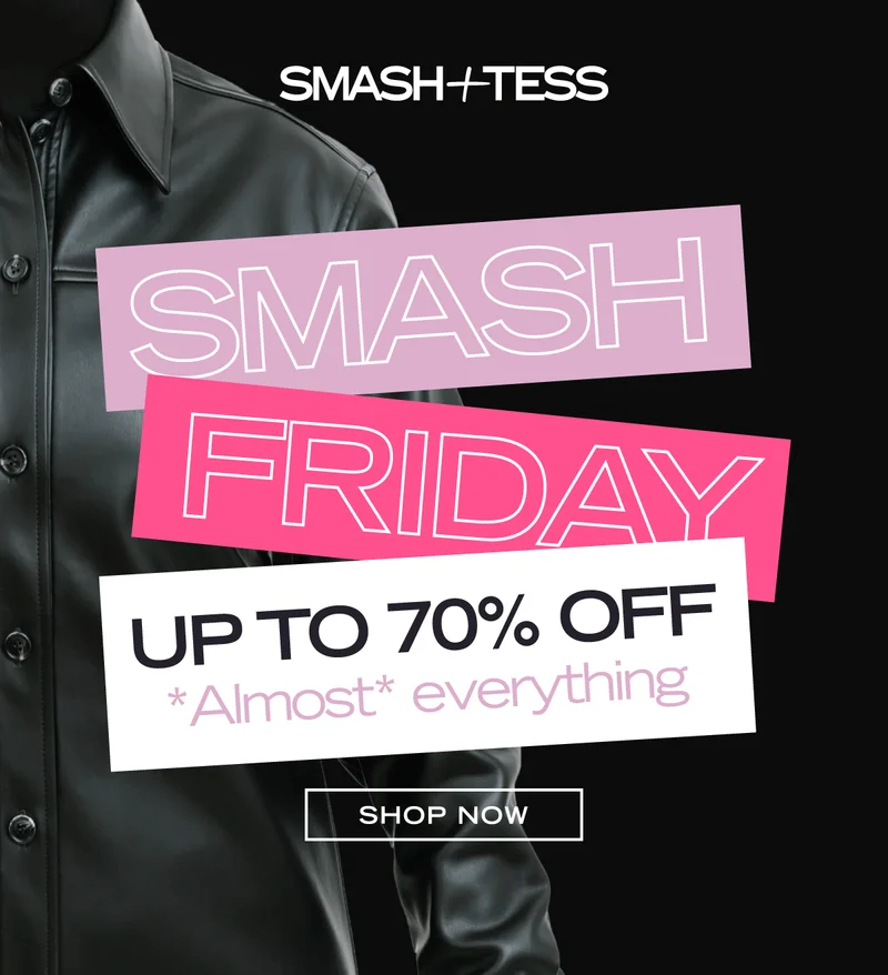 black leather jacket with text that reads 'smash friday, up to 70% off *almost* everything'