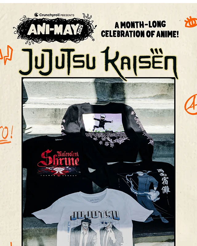 Crunchyroll Presents Ani-May 2025. A Month-Long Celebration Of Anime! Jujutsu Kaisen. Shop Now
