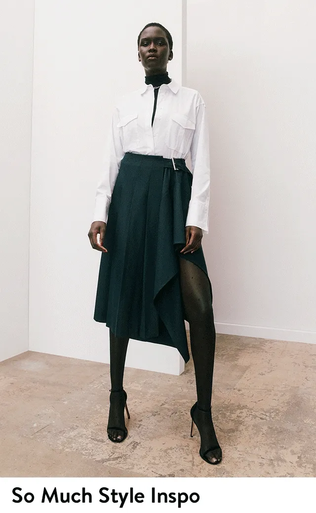 A woman wearing a white button-front top with a black skirt and black heels. A woman wearing a denim jacket with a white top, denim skirt and black boots. A woman wearing a trench coat with tall tan boots.