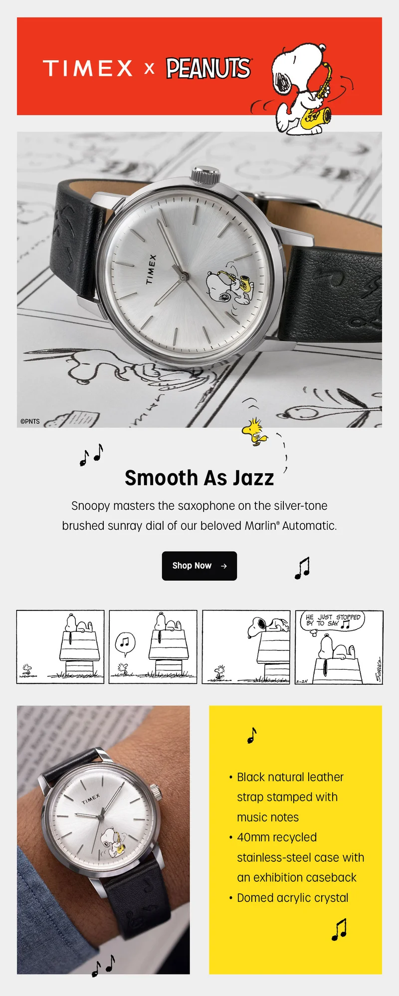 TIMEX X PEANUTS | Smooth As Jazz | Snoopy masters the saxophone on the silver-tone brushed sunray dial of our beloved Marlin Automatic. | Shop Now | Black natural leather strap stamped with music notes | 40mm recycled stainless-steel case with an exhibition caseback | Doomed acrylic crystal