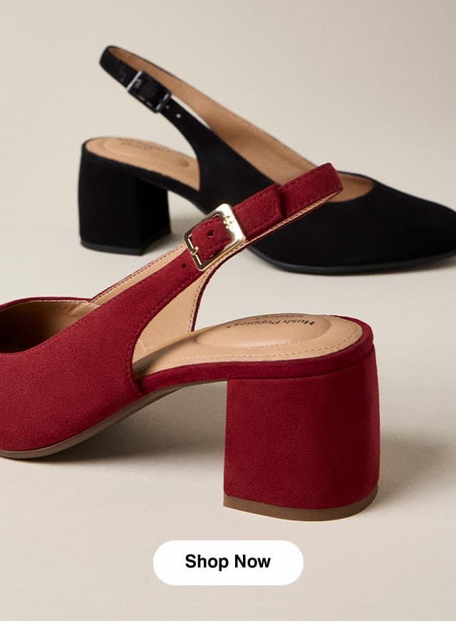 The Movena Block-Heel Pumps in Ruby suede and Black suede. Shop Now.