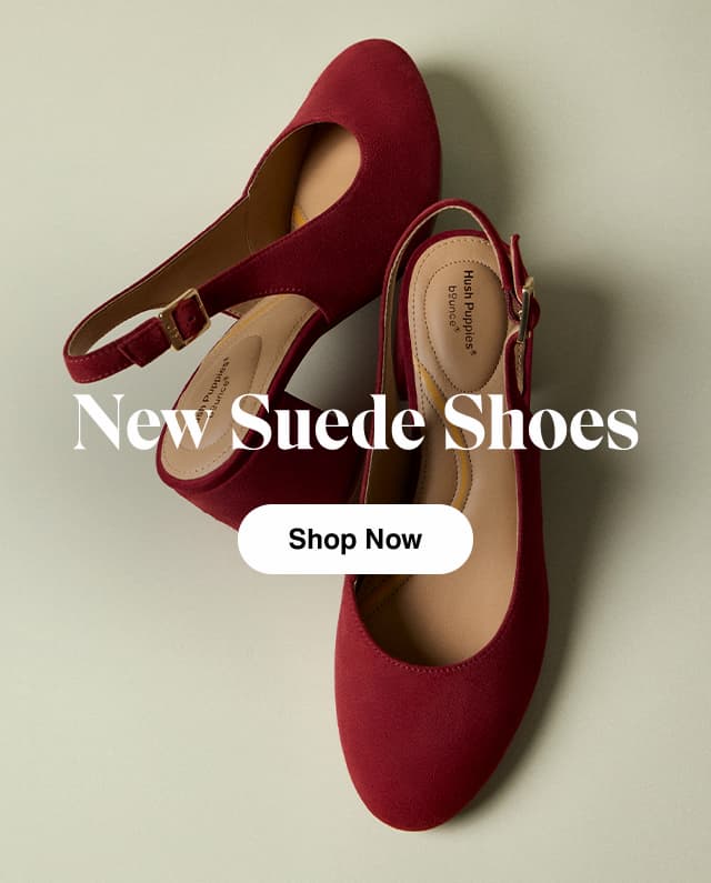 A pair of the Movena Block-Heel Pumps in Ruby suede with a slingback strap and BounceTM technology. Email says "New Suede Shoes." Shop Now.