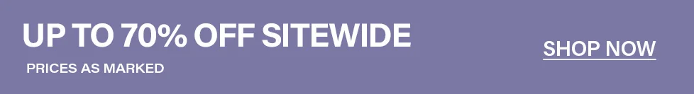 Purple banner with white text announces "UP TO 70% OFF SITEWIDE, PRICES AS MARKED." A "SHOP NOW" button promotes the discount sale.