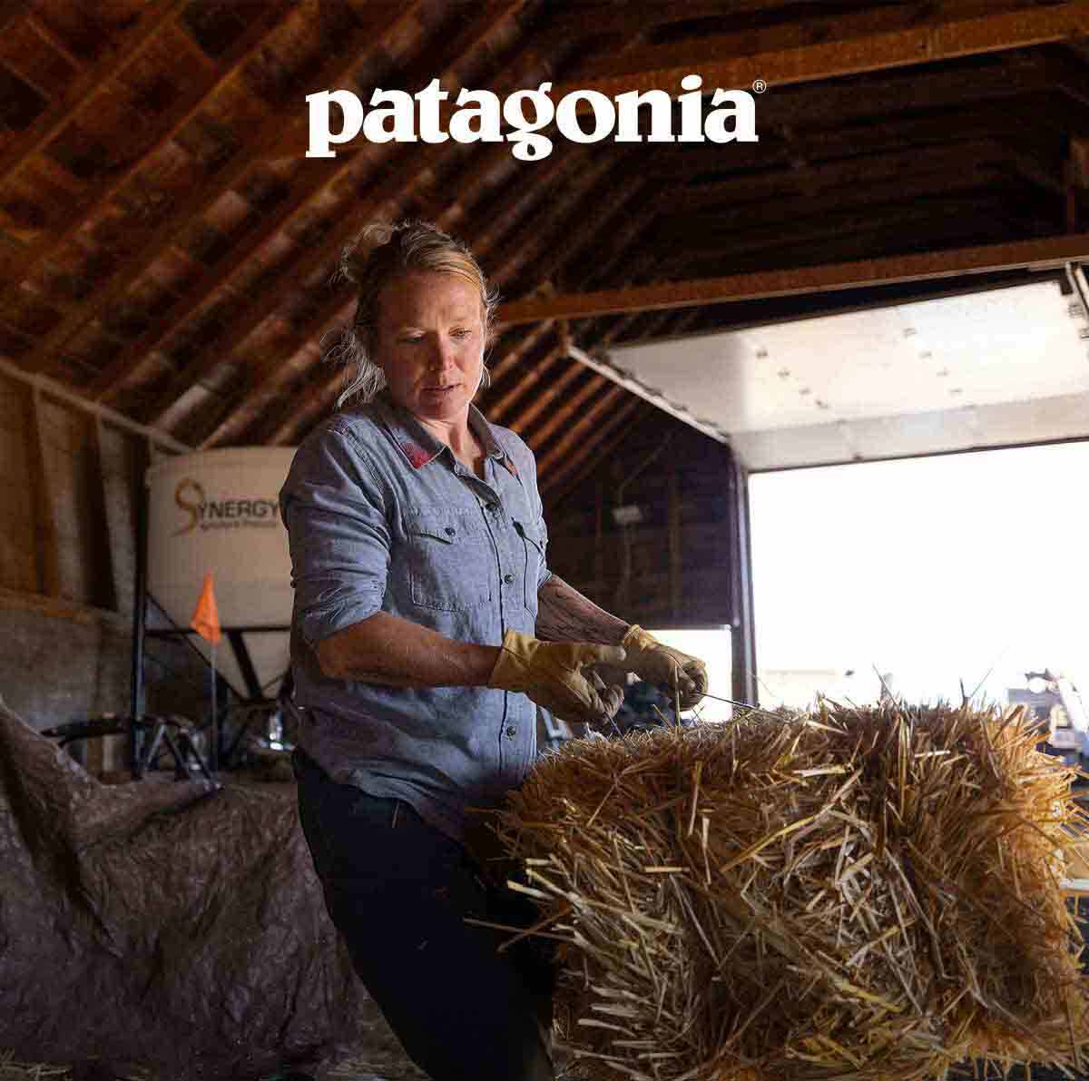 Patagonia. A person in a barn lifts a bale of hay.