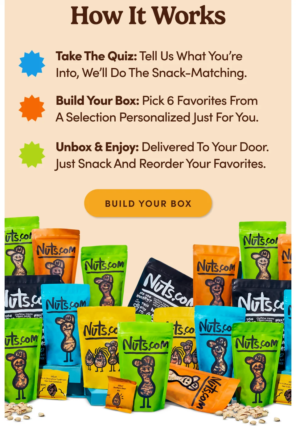 How it works: Take the quiz: Tell us what you're into, we'll do the snack-matching. Build your box: Pick 6 favorites from a selection personalized just for you. Unbox & enjoy: Delivered to your door. just snack and reorder your favorites; Build your box