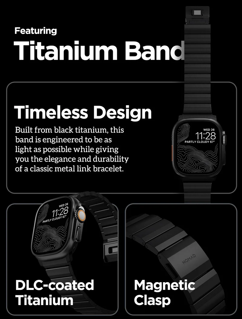 Titanium Band with Black Hardware. Timeless Design. Built from Grade 2 titanium, this band is engineered to be as light as possible while giving you the elegance and durability of a classic metal link bracelet.