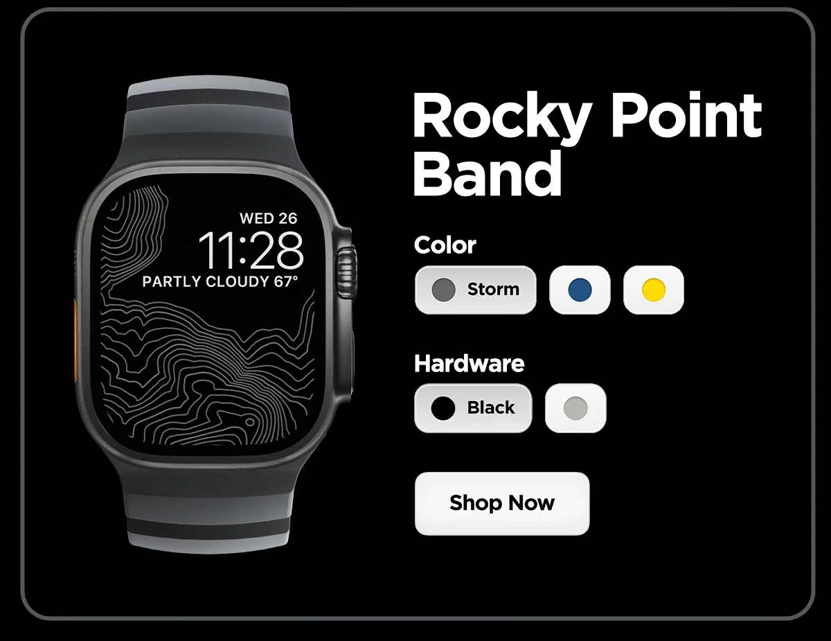 Rocky Point Band in Sol, Atlantic Blue, and Storm. With Black or Natural Hardware.