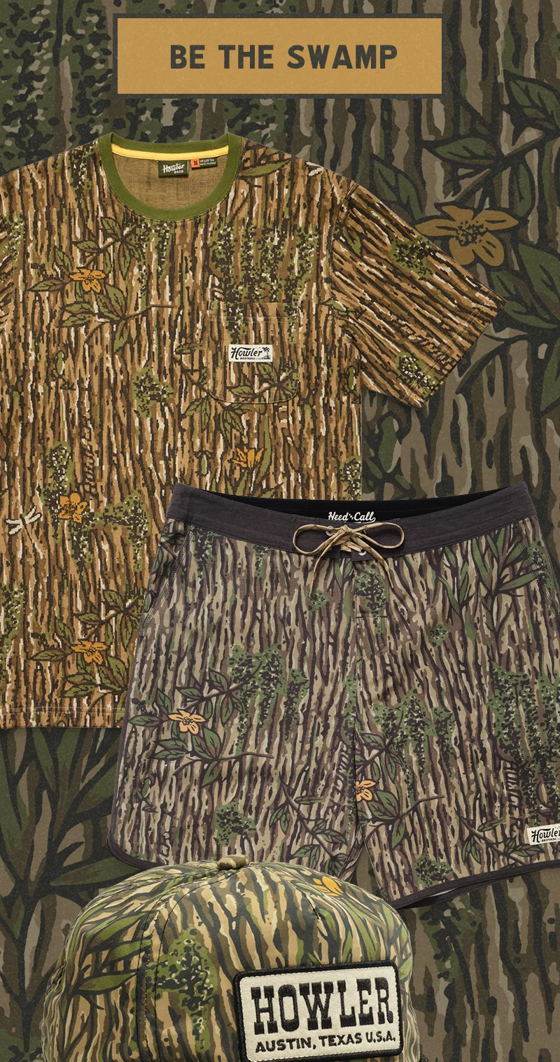 Trying to blend into your surroundings? Try on Swamp Country, our brand new print that’s been hiding among the Spring 2025 Collection until now! Inspired by the sights and sounds of the boggy lowlands near and far, this limited drop will give you the edge you’ve been seeking.