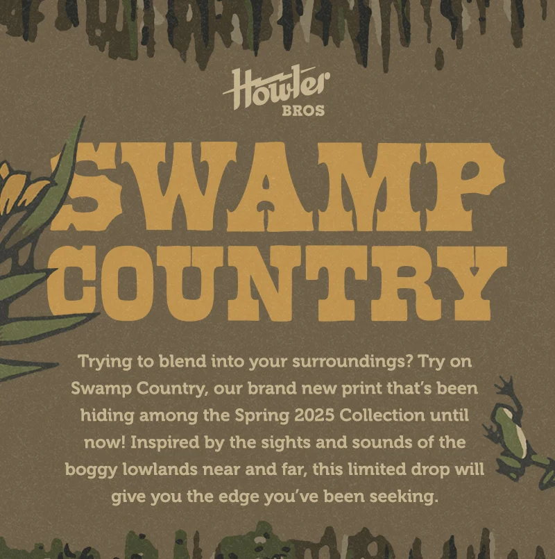 Trying to blend into your surroundings? Try on Swamp Country, our brand new print that’s been hiding among the Spring 2025 Collection until now! Inspired by the sights and sounds of the boggy lowlands near and far, this limited drop will give you the edge you’ve been seeking.