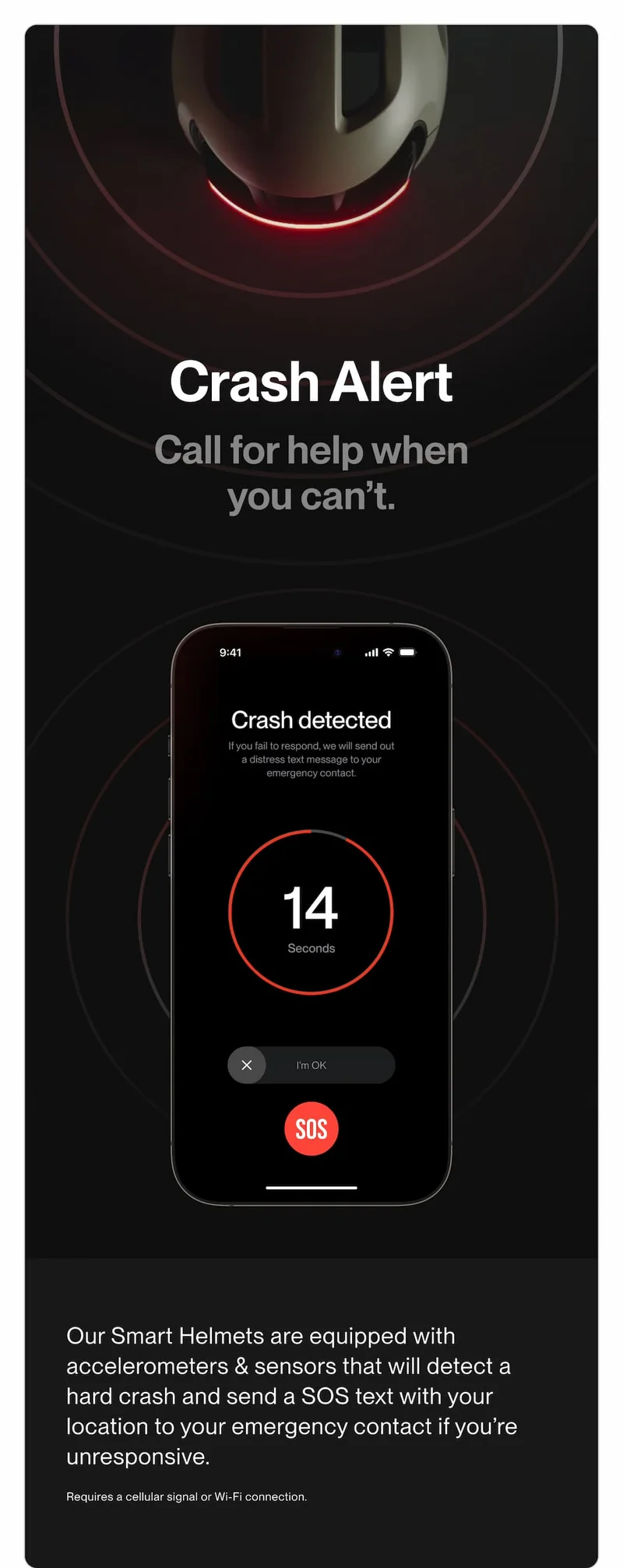 UNIT 1 smart helmet crash alert feature showing rear light and a phone screen with crash detected countdown and SOS option