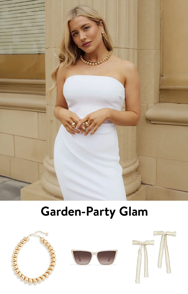 A woman wearing a necklace, earrings and rings. A beaded necklace, white sunglasses and bow-shaped hair clips.