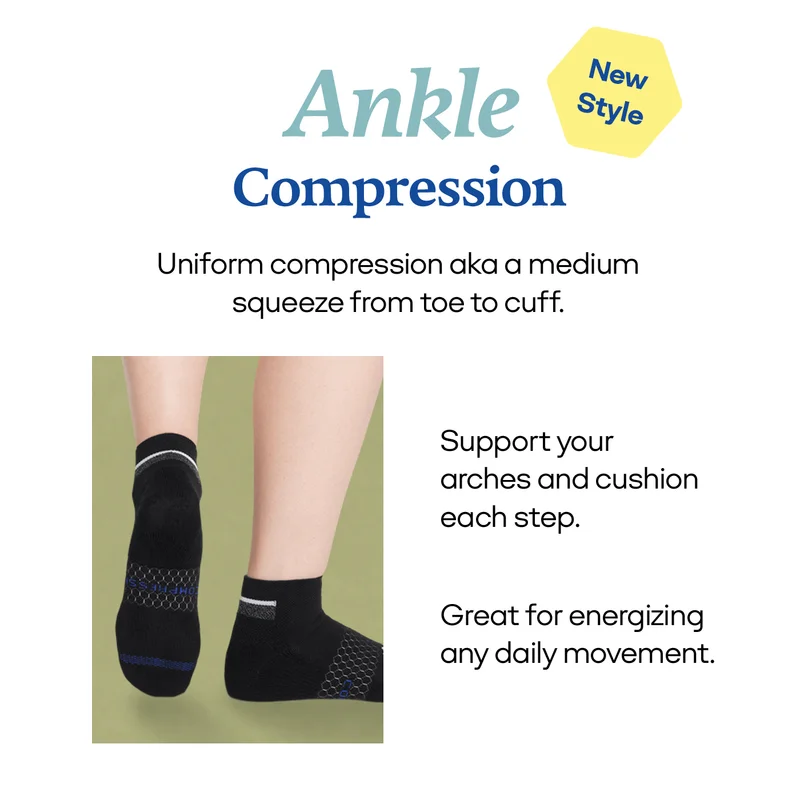 Ankle Compression | Uniform compression aka a medium squeeze from toe to cuff. | Support your arches and cushion each step. | Great for energizing any daily movement.