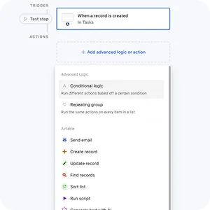 Automation builder showing a record-created trigger and action options