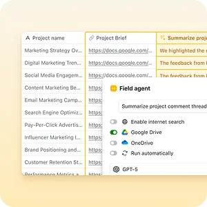 Airtable grid with a Field agent menu showing AI actions and Drive integrations