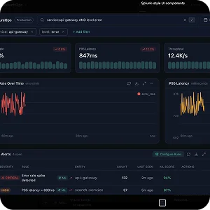 Dark monitoring dashboard with error, latency, throughput, and alerts